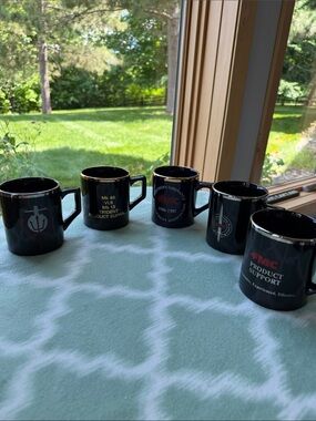 Vintage FMC Military Ceramic Coffee Mugs Black Navy with Red Gold Silver Accents